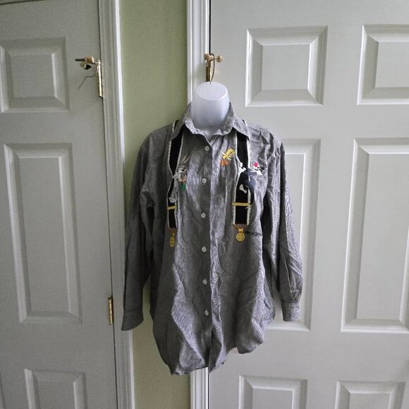 Vintage Warner Bros Looney Tunes Plaid Embroidered Suspenders Button Down Top - Picture 4 of 11